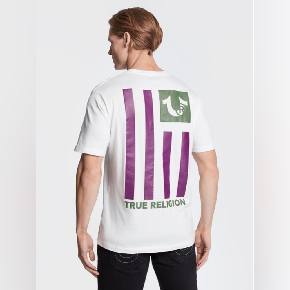 True Religion Graphic Logo TShirt Flag in Purple and Green 3XL